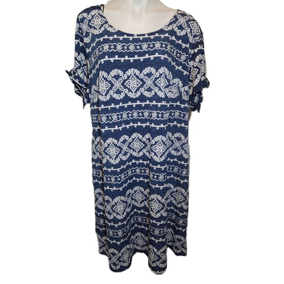 Perceptions Woman dress 2X Navy blue w/ white puff print Tie sleeves Mid-length - Picture 1 of 15